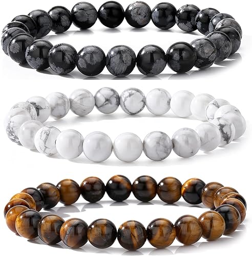 THREE: 3 HANDMADE Bracelets Matte Natural Lava Rock Volcanic Stone Beads Elastic Stretch Tiger Eye