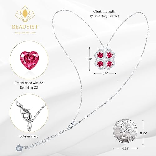 ONE: Lucky Four Leaf White Gold July Ruby Red Clover Pendant Necklaces for Women & Girls
