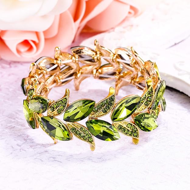 ONE: Premium Gorgeous Jewelry Elegant Crystal Marquise-Shape Leaf Stretch Bangle Bracelet