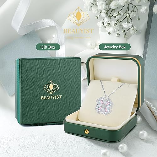 ONE: Lucky Four Leaf White Gold March Aquamarine Clover Pendant Necklaces for Women & Girls