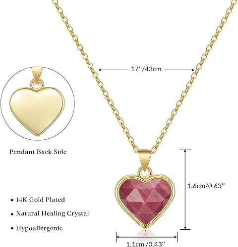 ONE: Handmade Healing Crystal Pendant Necklace, 14K Gold Plated Natural Energy Stone Rhodochrosite-Heart