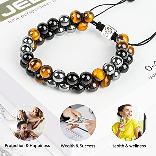 ONE: Premium 8MM Handmade Beaded Bracelet Tiger Eye Bracelet Black Obsidian Hematite Natural Crystal Jewelry Stone Bracelets Gifts for Men and Women