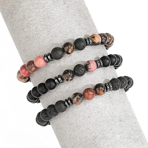 THREE: 3 HANDMADE Bracelets Matte Natural Lava Rock Volcanic Stone Beads Elastic Stretch Rhodonite