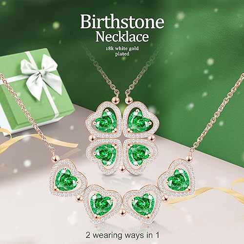ONE: Lucky Four Leaf Rose Gold MAY- Emerald Green Clover Pendant Necklaces for Women & Girls