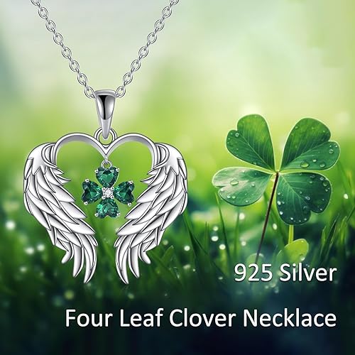ONE: The design of four leaf clover angel wings Pendant Necklace 925 Sterling Silver Four Leaf Clover