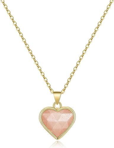 ONE: Handmade Healing Crystal Pendant Necklace, 14K Gold Plated Natural Energy Stone Sunstone-Heart