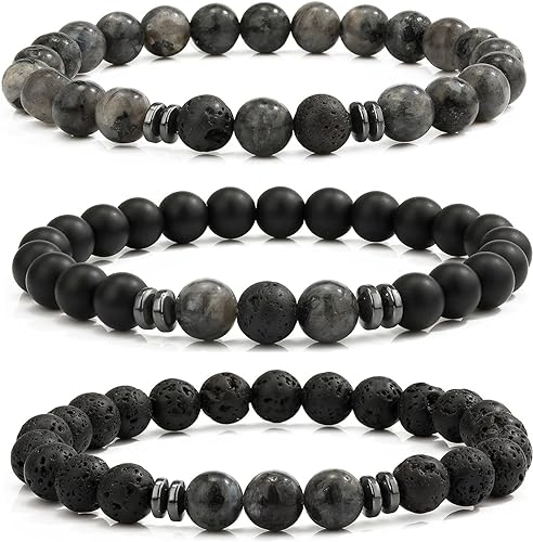 THREE: 3 HANDMADE Bracelets Matte Natural Lava Rock Volcanic Stone Beads Elastic Stretch Labradorite