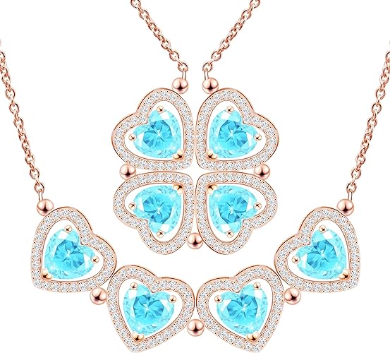 ONE: Lucky Four Leaf Rose Gold Aquamarine Clover Pendant Necklaces for Women & Girls 925
