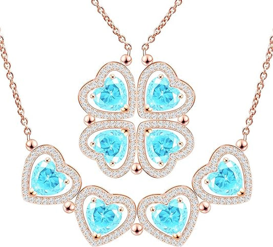 ONE: Lucky Four Leaf Rose Gold Aquamarine Clover Pendant Necklaces for Women & Girls 925
