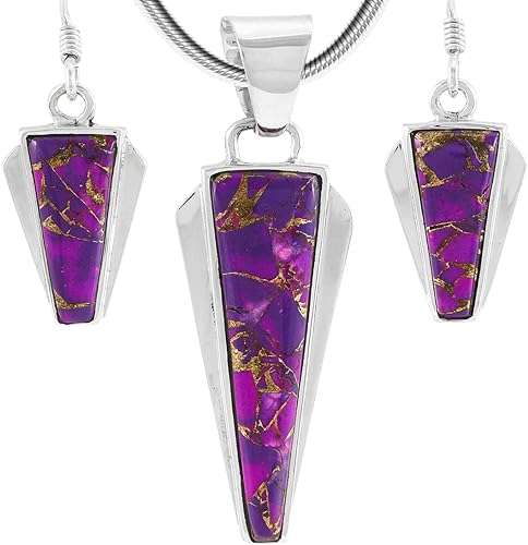 ONE :💎Sterling Silver (Solid) 925 Matching Pendant & Earrings Set (with 20" Sterling Rope Chain) Genuine Color: Purple Turquoise