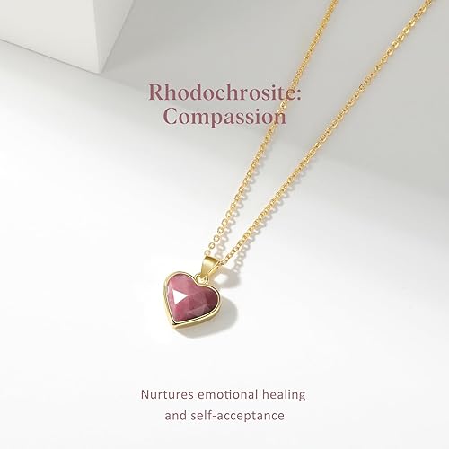 ONE: Handmade Healing Crystal Pendant Necklace, 14K Gold Plated Natural Energy Stone Rhodochrosite-Heart