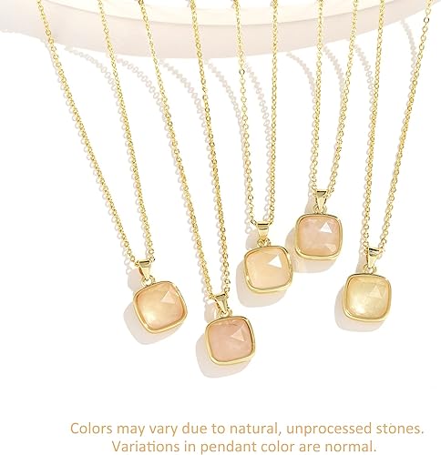 ONE: Handmade Healing Crystal Pendant Necklace, 14K Gold Plated Natural Energy Stone Rose Quartz-Square