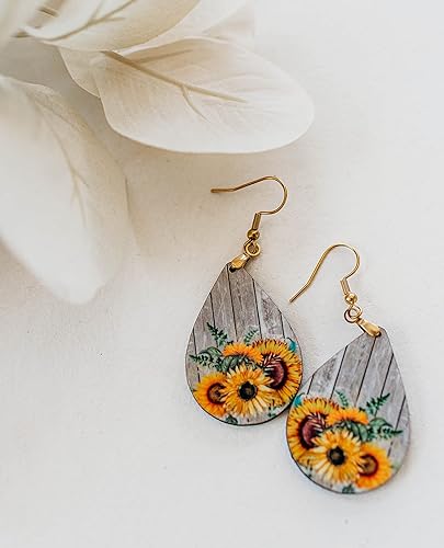 ONE PAIR:  Sunflower Earrings Dangle Teardrop