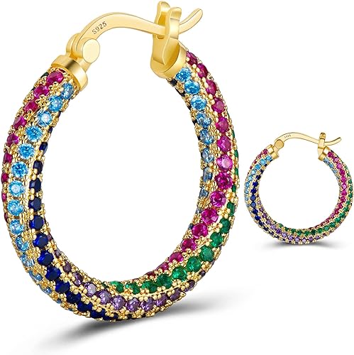 ONE: 925 Sterling Silver Post Hoop Rainbow Earrings 14K Gold Plated Jewelry