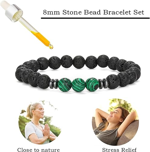 THREE: 3 HANDMADE Bracelets Matte Natural Lava Rock Volcanic Stone Beads Elastic Stretch Malachite