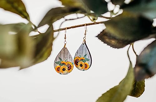 ONE PAIR:  Sunflower Earrings Dangle Teardrop