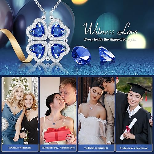 ONE: Lucky Four Leaf White Gold September Sapphire Blue Clover Pendant Necklaces for Women & Girls
