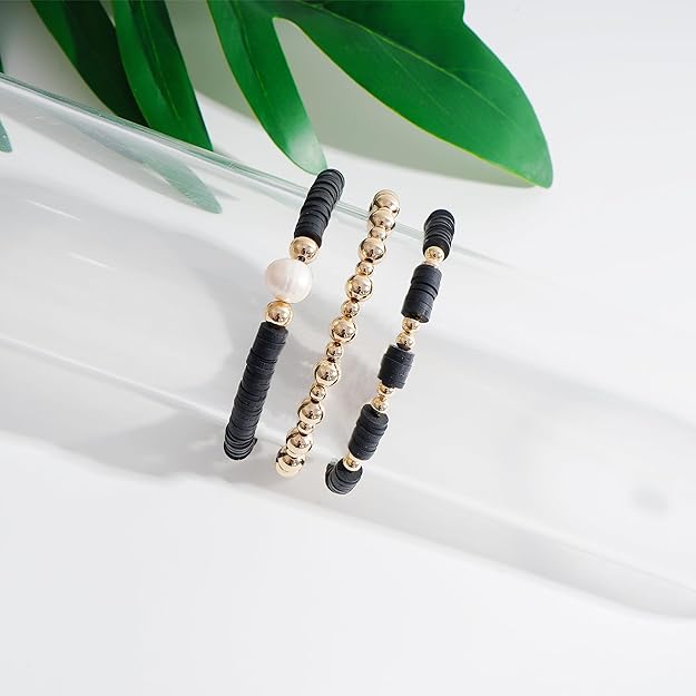 ONE: Premium Handmade Bracelet BLACK Gold Plated Copper Beads Heishi Clay Bracelet HELPS RELEASING NEGATIVITY