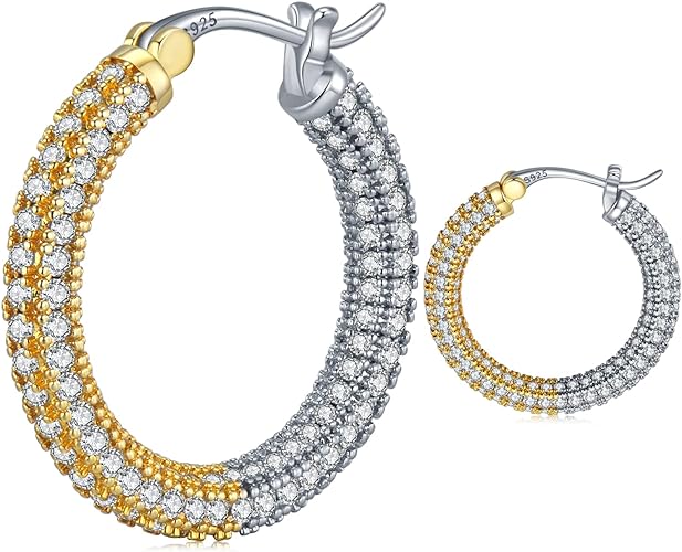 ONE: 925 Sterling Silver Post Hoop Earrings 14K Gold Plated Jewelry CZ