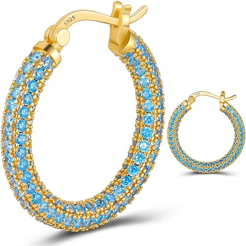 ONE:  ONE: 925 Sterling Silver Post Hoop Earrings 14K Gold Plated Jewelry CZ