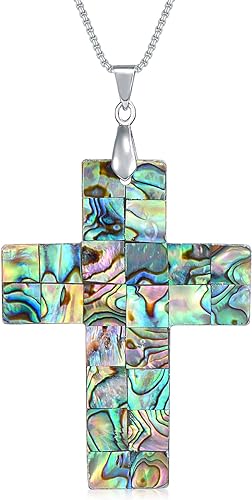 ONE: Handmade Healing Crystal Abalone Shell CROSS Pendant Necklace