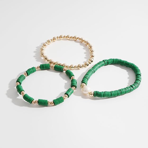 ONE: Premium Handmade Bracelet Green and Gold Plated Copper Beads Heishi Clay Bracelet HELPS RELEASING NEGATIVITY