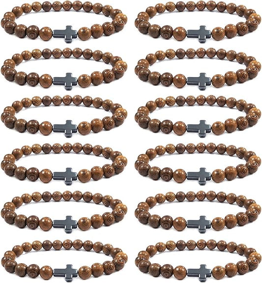 ONE: Premium Handmade 12Pcs Christian Prayer Beads Bracelet for Women Men Wooden Beads Cross Bracelet Religious Mala Beaded Bracelets Fashion Jewelry 8mm