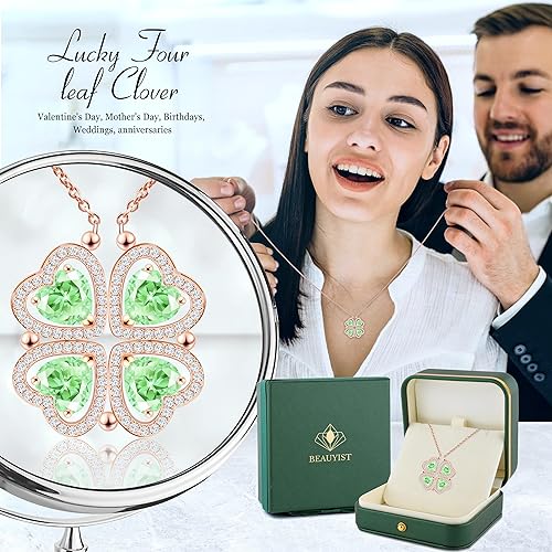 ONE: Lucky Four Leaf Rose Gold August Peridot Clover Pendant Necklaces for Women & Girls