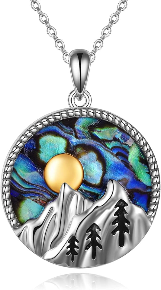 ONE: Abalone Shell Mountain Nature Pendant Necklace Genuine Sterling Silver 925