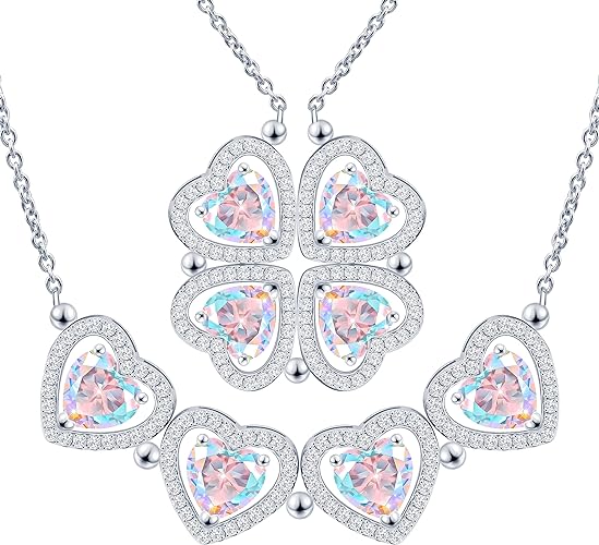 ONE: Lucky Four Leaf White Gold March Aquamarine Clover Pendant Necklaces for Women & Girls