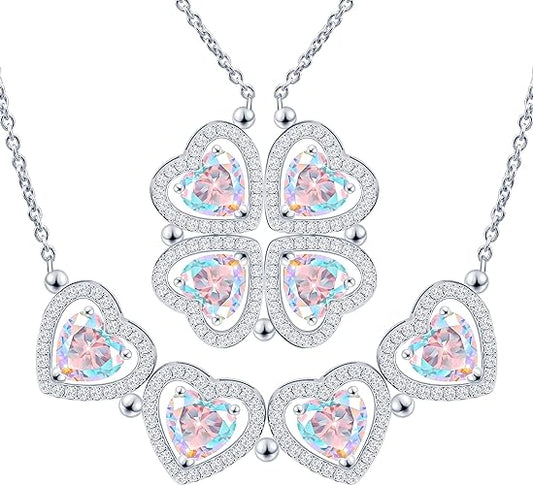 ONE: Lucky Four Leaf White Gold March Aquamarine Clover Pendant Necklaces for Women & Girls