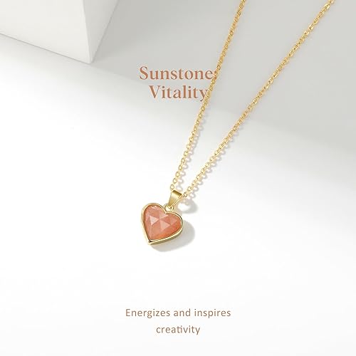 ONE: Handmade Healing Crystal Pendant Necklace, 14K Gold Plated Natural Energy Stone Sunstone-Heart