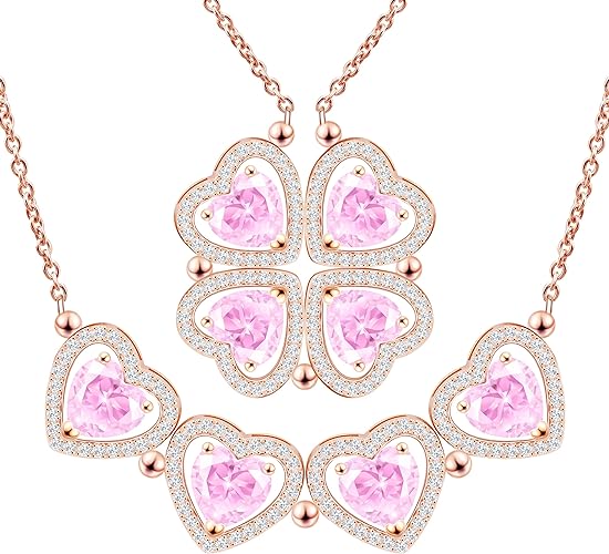 ONE: Lucky Four Leaf Rose Gold Tourmaline Pink Clover Pendant Necklaces for Women & Girls
