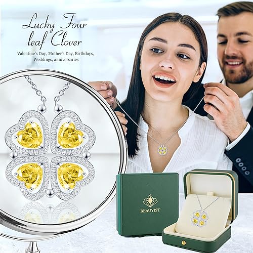 ONE: Lucky Four Leaf White Gold November Citrine Yellow Clover Pendant Necklaces for Women & Girls