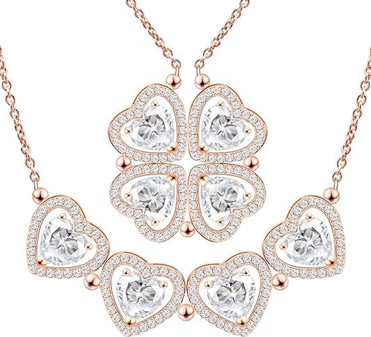 ONE: Lucky Four Leaf Rose Gold April Diamond White Clover Pendant Necklaces for Women & Girls