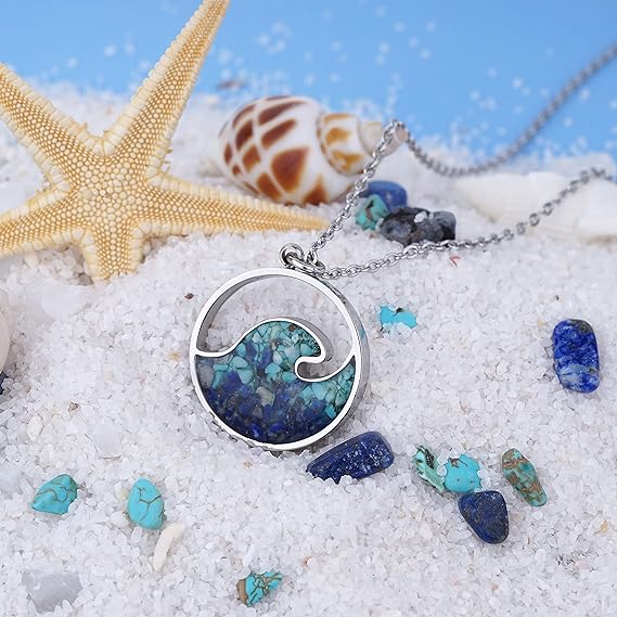 ONE: Wave Turquoise +White Howlite Stainless Steel Pendant Necklaces