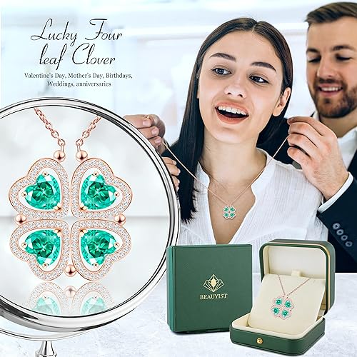 ONE: Lucky Four Leaf Rose Gold MAY- Columbia Green Clover Pendant Necklaces for Women & Girls