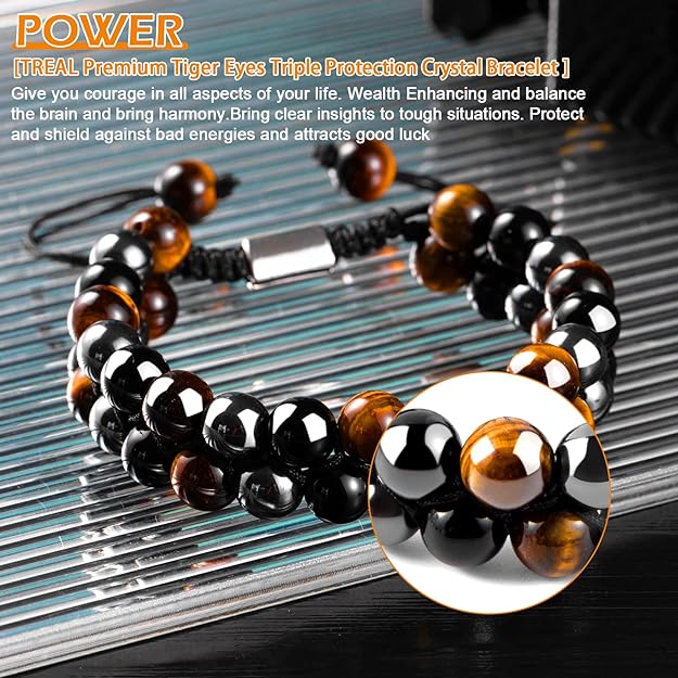 ONE: Premium 8MM Handmade Beaded Bracelet Tiger Eye Bracelet Black Obsidian Hematite Natural Crystal Jewelry Stone Bracelets Gifts for Men and Women