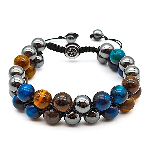 ONE: Tiger Eye Bracelet, Triple Protection Bracelet for Men Women, Handmade Tiger Eye Beads Hematite and Black Obsidian Natural Stone Healing Energy Crystal Bracelets