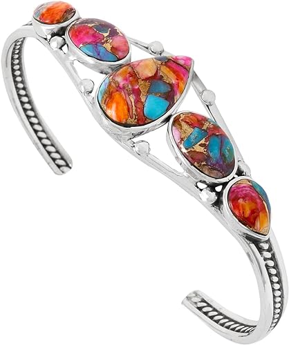 ONE :💎Color: Handmade Rainbow Turquoise Bracelet Sterling Silver 925 Genuine Cuff Bracelet