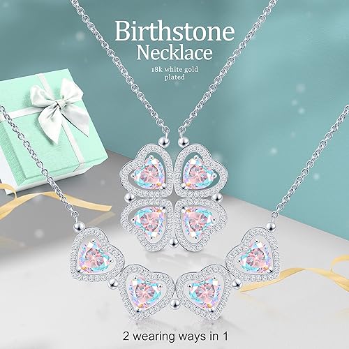 ONE: Lucky Four Leaf White Gold March Aquamarine Clover Pendant Necklaces for Women & Girls
