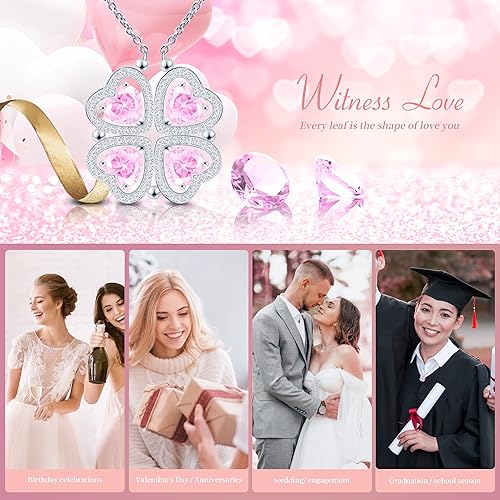 ONE: Lucky Four Leaf White Gold October Tourmaline Clover Pendant Necklaces for Women & Girls