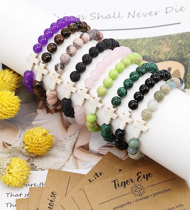 ONE: Premium Handmade 9pcs Cross Bracelets for Women and Men - 8mm Natural Crystal Healing Bracelets Semi-Precious Gemstones Beads Stretch Bracelets Religious Gift for Christians with Prayers Card