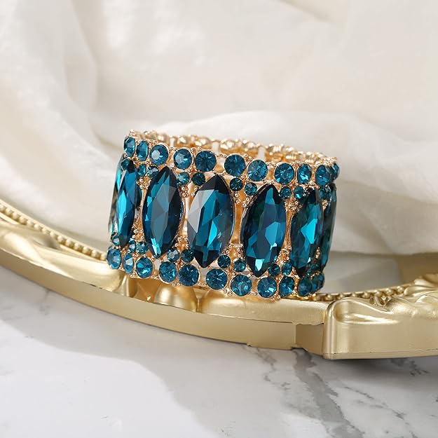 ONE: Premium Gorgeous Jewelry Elegant Crystal Double Row Rhinestones Marquise Cluster Stretch Bangle Bracelet.