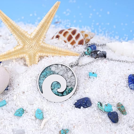 ONE: Wave Turquoise +White Howlite Stainless Steel Pendant Necklaces