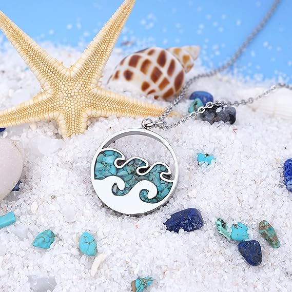 ONE: Wave Turquoise +White Howlite Stainless Steel Pendant Necklaces