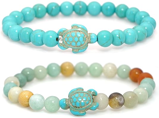 TWO: HANDMADE Natural Stones Beaded Bracelets Elastic Stretch Sea Turtles