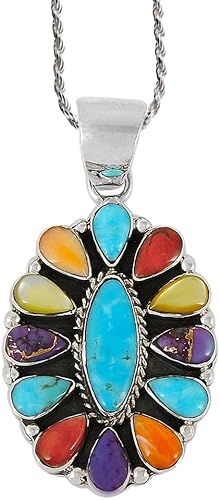 ONE :💎Color: Handmade Genuine Natural Multi Gemstone Turquoise Pendant 20" Necklace 925 Sterling Silver (Solid)