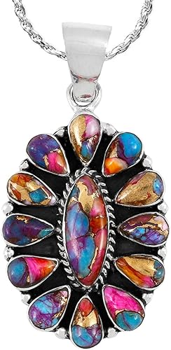 ONE :💎Color: Handmade Genuine Natural RAINBOW SPINY Turquoise Pendant 20" Necklace 925 Sterling Silver (Solid)