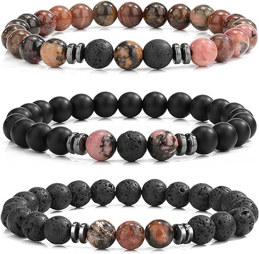 THREE: 3 HANDMADE Bracelets Matte Natural Lava Rock Volcanic Stone Beads Elastic Stretch Rhodonite